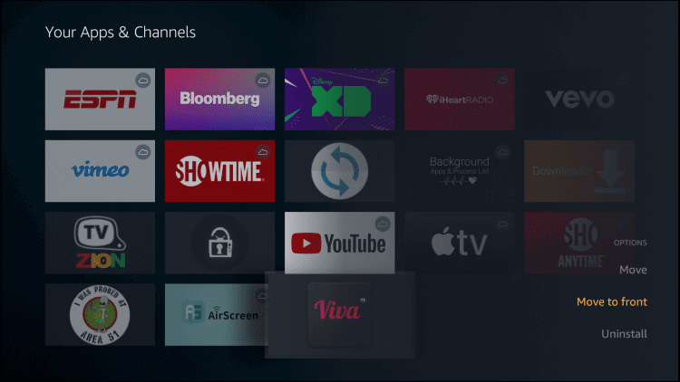 переместить приложение vivatv на домашний экран на огненной ТВ-палке